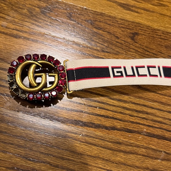 Gucci Beige Elastic Belt with Red & Black Web and Crystal GG Buckle - Picture 2 of 4